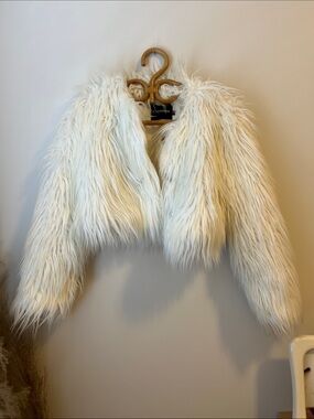 White Faux Mongolian Fur Cropped Jacket